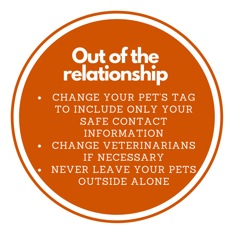 Out of the relationship?  Some steps you can take are:  1.  Change your pet's tag to include only your safe contact information  2.  Change veterinarians if necessary  3.  Never leave your pets outside alone