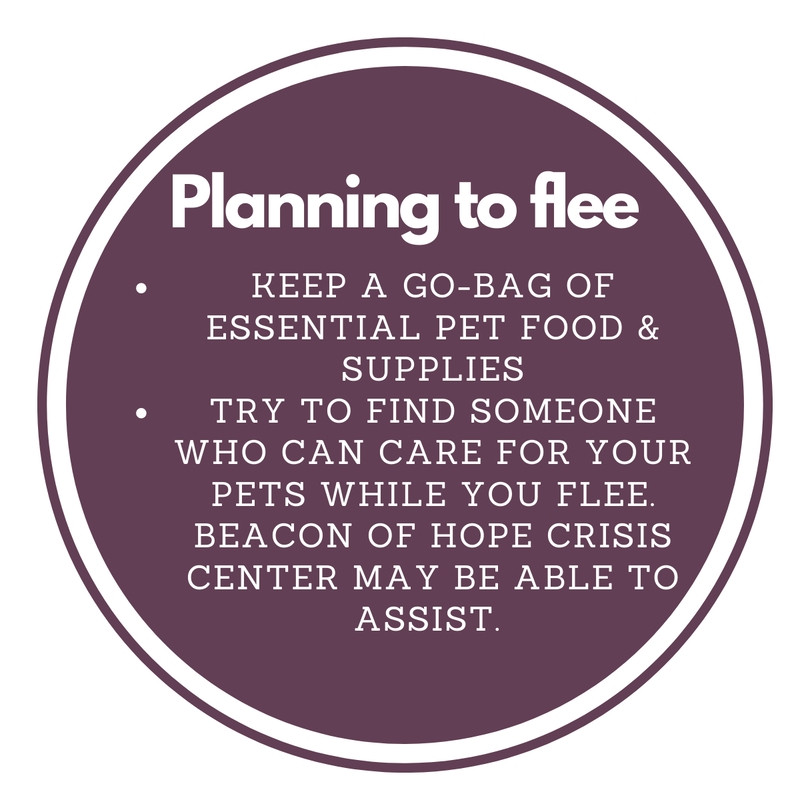 Planning to flee?  Some steps to take are:  1.  Keep a go-bag of essential pet food and supplies  2.  Try to find someone who can care for your pets while you flee.  Beacon of Hope Crisis Center may be able to assist.