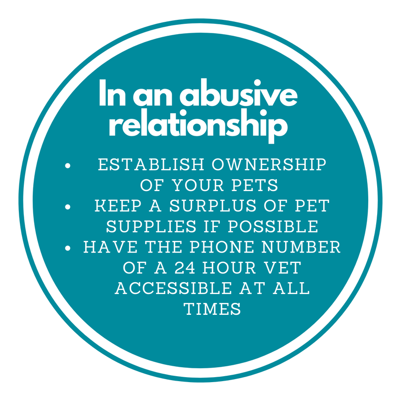 In an abusive relationship? Some steps to take are: 1. Establish ownership of your pets 2. Keep a surplus of pet supplies if possible 3. Have the phone number of a 24 hour vet accessible at all times
