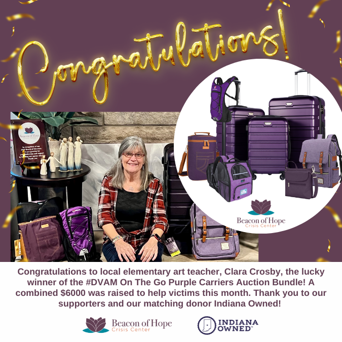 Local elementary art teacher, Clara Crosby, is the lucky winner of our #DVAM On The Go Purple Carriers Auction Bundle! A combined $6000 was raised to help victims this month. We want to thank all those who gave so generously in support of our mission and our matching donor @Indiana Owned! 