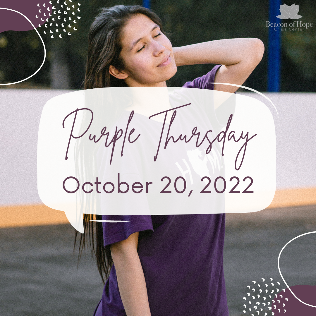 Woman wearing a purple shirt with speech bubble stating Purple Thursday October 20, 2022