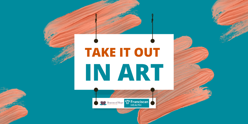 Take It Out in art over teal background with orange brush strokes