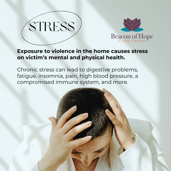 Person with their head down. Stress. Exposure to violence in the home causes stress on victim’s mental and physical health.  

Chronic stress can lead to digestive problems, fatigue, insomnia, pain, high blood pressure, a compromised immune system, and more. 